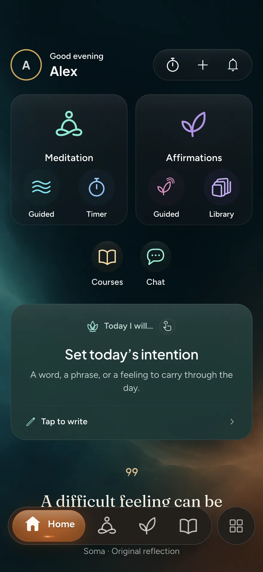 The Soma app home screen, with shortcuts to guided meditation, the timer, guided affirmations, the library, courses and chat, and a prompt to set today's intention.