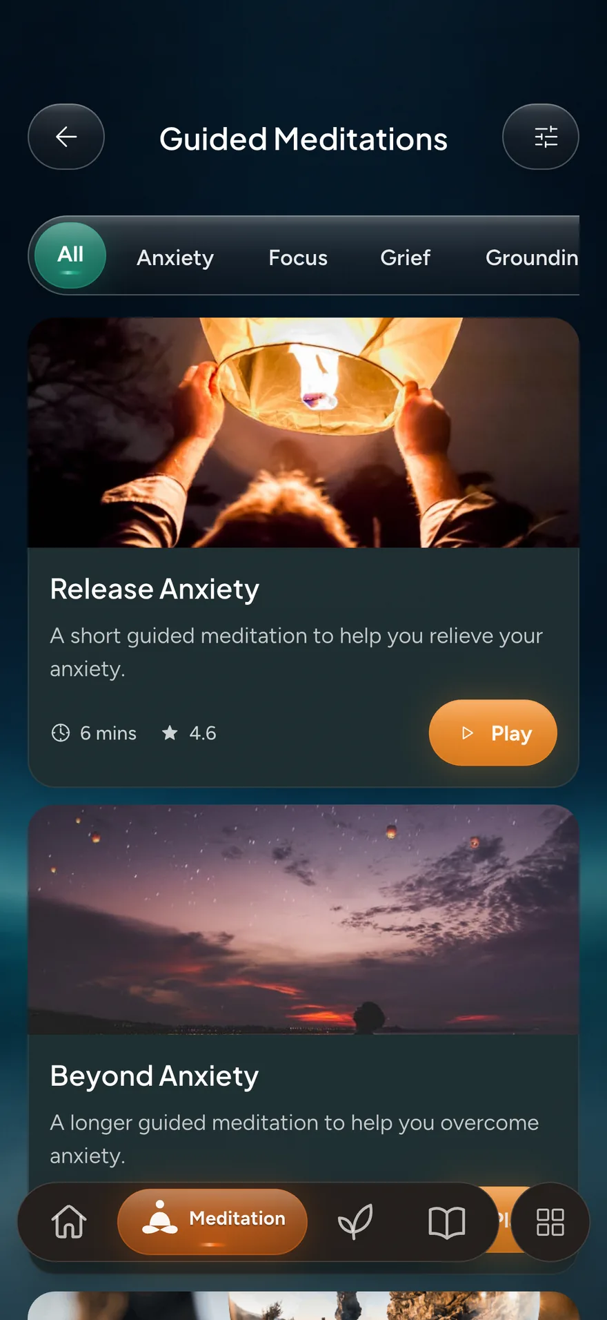 The Guided Meditations library in the Soma app, filtered by Anxiety, Focus, Grief and Grounding.