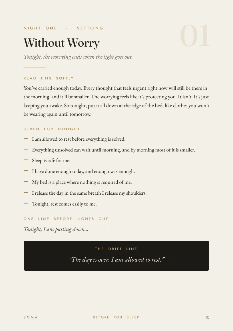 Night One, Without Worry: a short script, seven affirmations, a writing prompt and a drift line