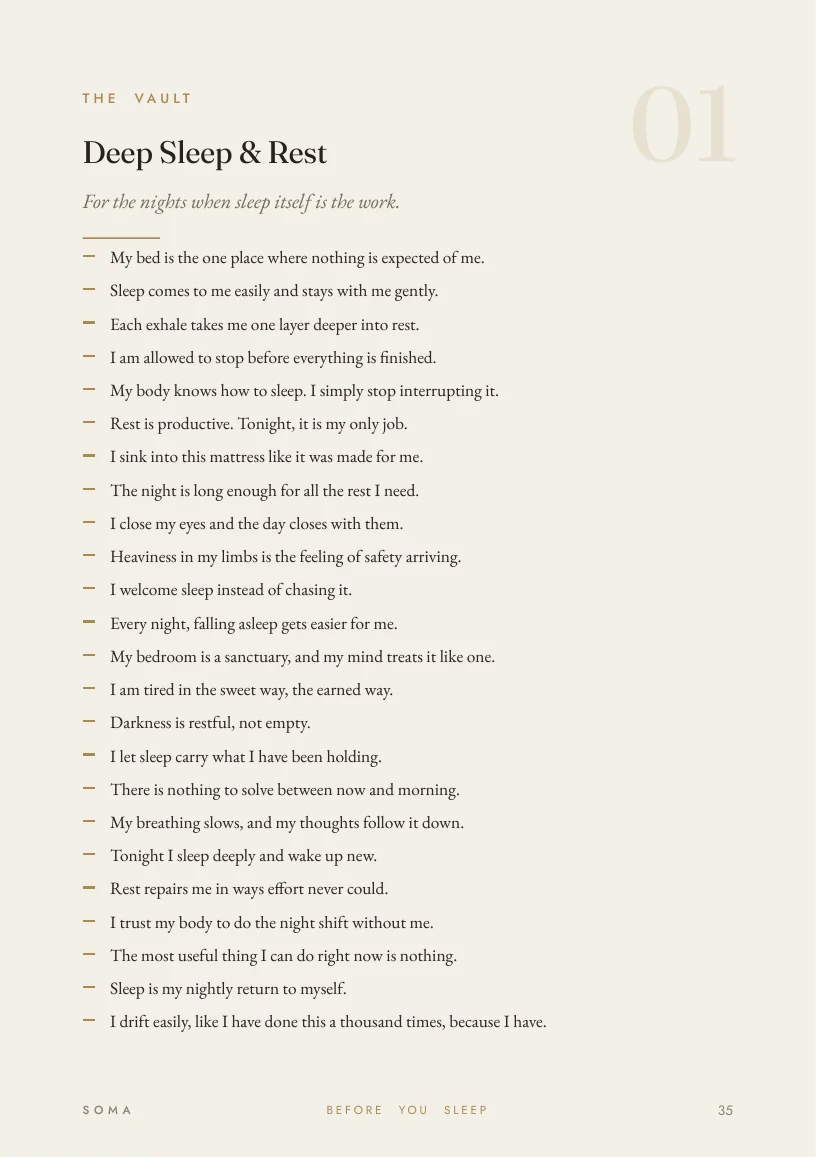 Deep Sleep and Rest, one category from the book’s 216-affirmation vault